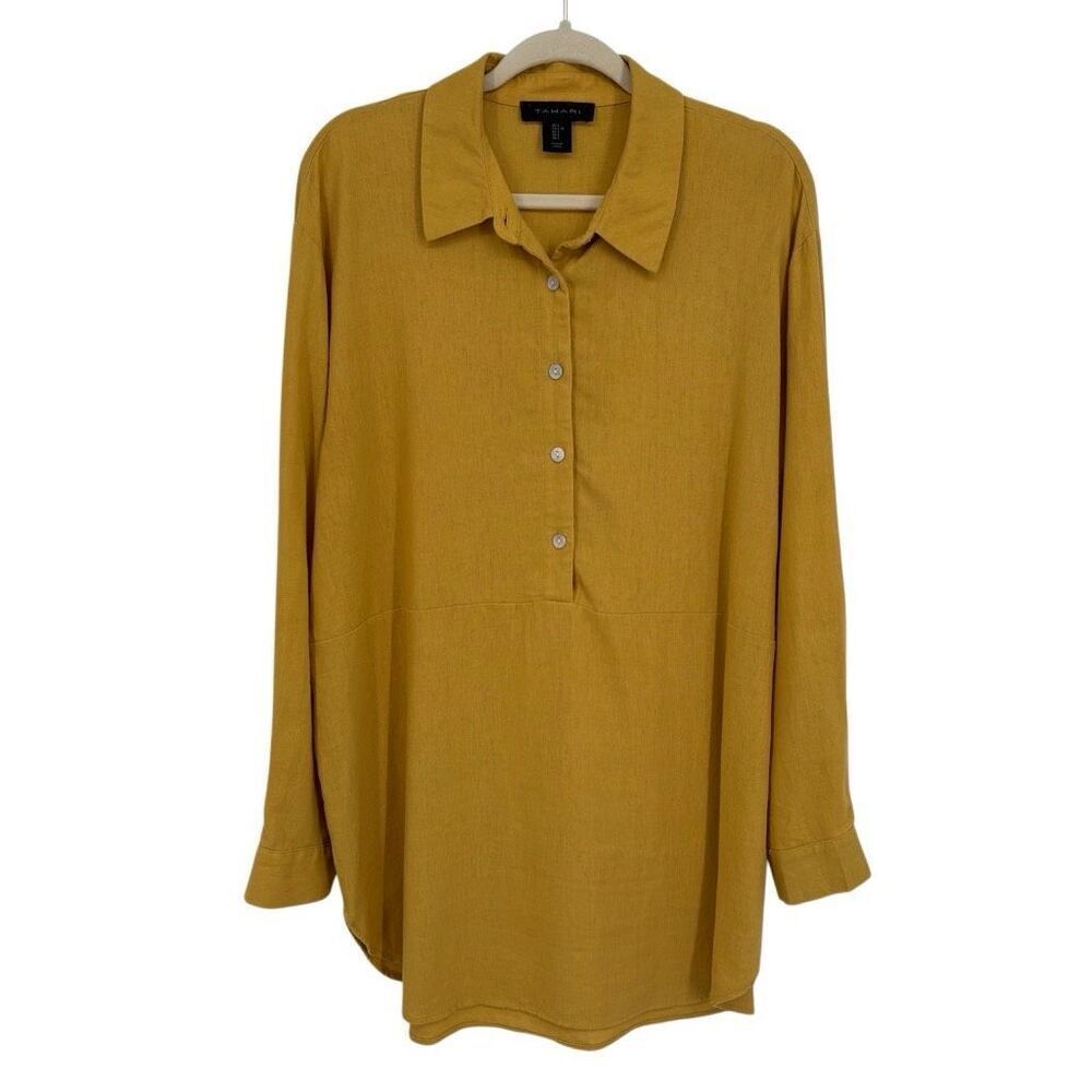 Tahari Linen Blend Long Sleeve Button Front Pullover Tunic Top Yellow Size Large